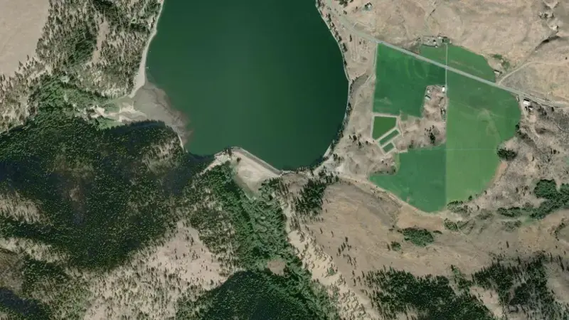 Satellite view of Conconully Reservoir and Dam reservoir, Washington, United States