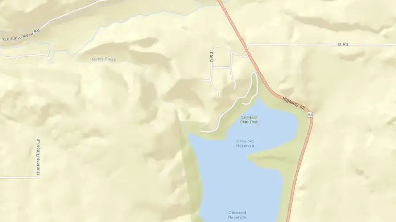 Road map of Crawford Reservoir reservoir, Colorado, United States