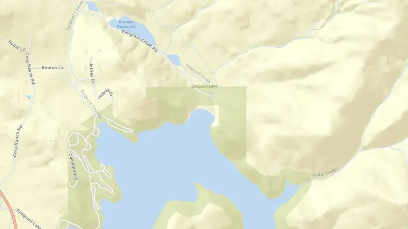 Road map of Emigrant Lake and Dam reservoir, Oregon, United States