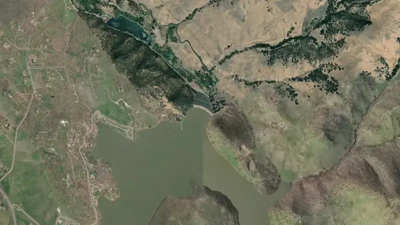 Satellite view of Emigrant Lake and Dam reservoir, Oregon, United States