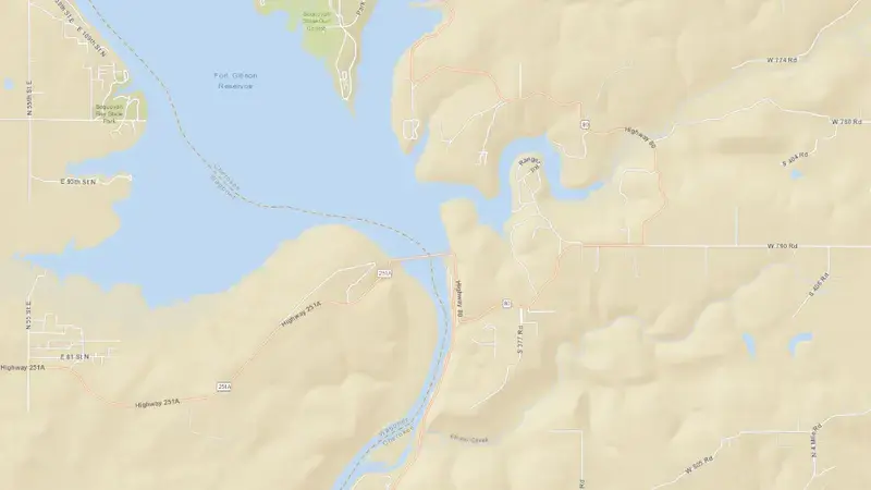 Road map of Fort Gibson Lake reservoir, Oklahoma, United States