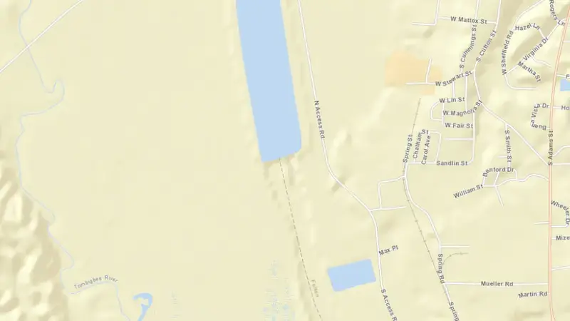 Road map of Fulton Lock and Dam reservoir, Mississippi, United States