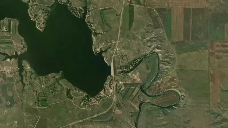 Satellite view of Heart Butte Dam & Reservoir reservoir, North Dakota, United States