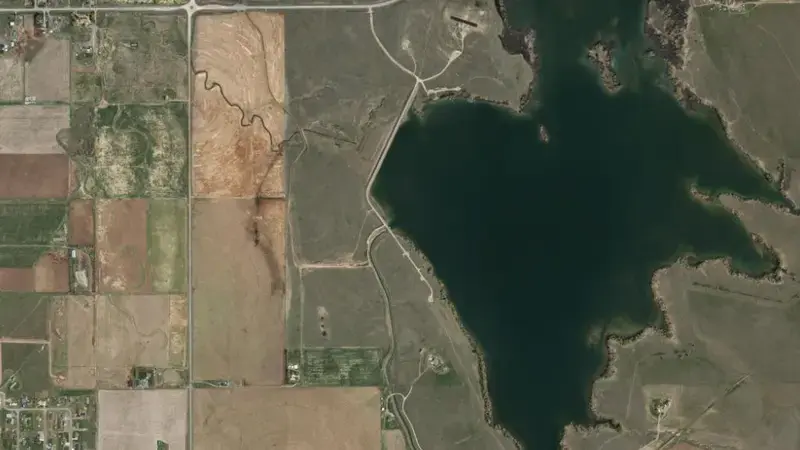 Satellite view of Helena Valley Reservoir and Dam reservoir, Montana, United States