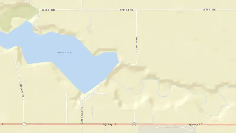 Road map of Homme Dam reservoir, North Dakota, United States