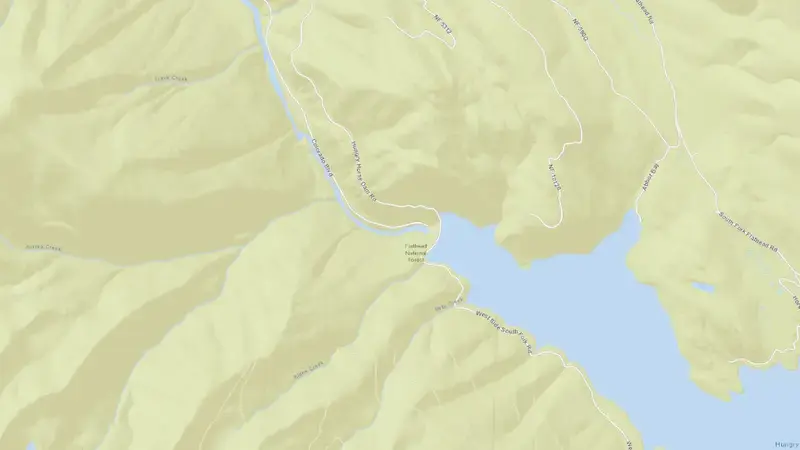Road map of Hungry Horse Reservoir, Dam, and Powerplant reservoir, Montana, United States