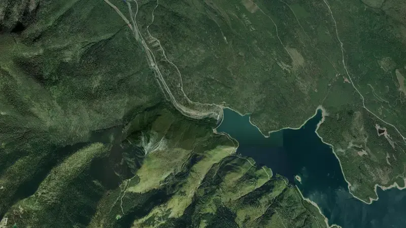 Satellite view of Hungry Horse Reservoir, Dam, and Powerplant reservoir, Montana, United States