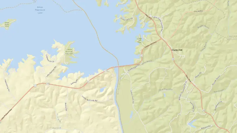 Road map of J. Strom Thurmond Lake reservoir, South Carolina, United States