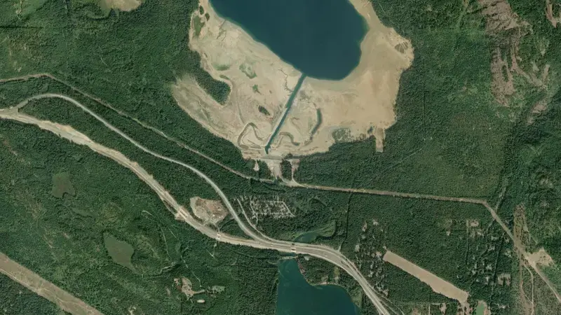 Satellite view of Kachess Lake and Dam (KAC) reservoir, Washington, United States