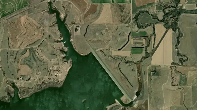 Satellite view of Keith Sebelius Lake and Norton Dam reservoir, Kansas, United States