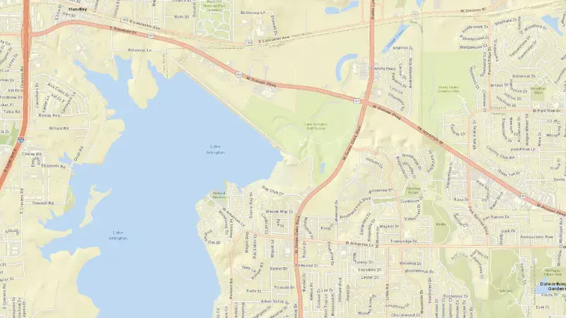 Road map of Lake Arlington reservoir, Texas, United States