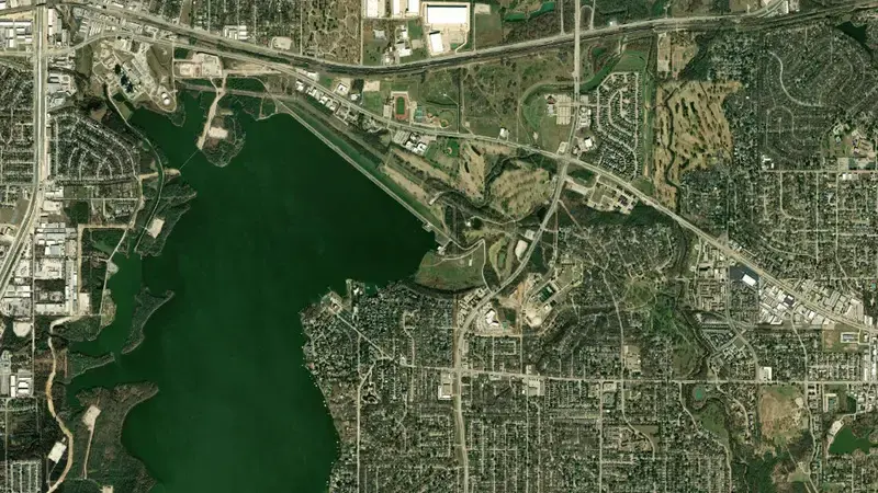 Satellite view of Lake Arlington reservoir, Texas, United States