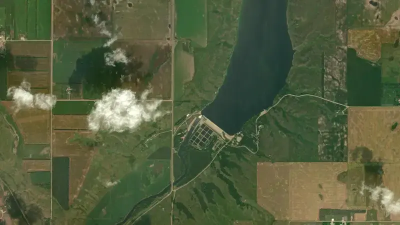 Satellite view of Lake Ashtabula reservoir, North Dakota, United States
