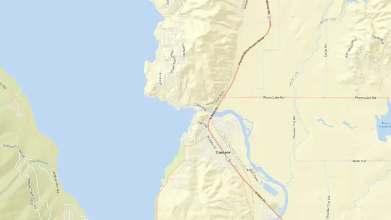 Road map of Lake Cascade and Cascade Dam reservoir, Idaho, United States