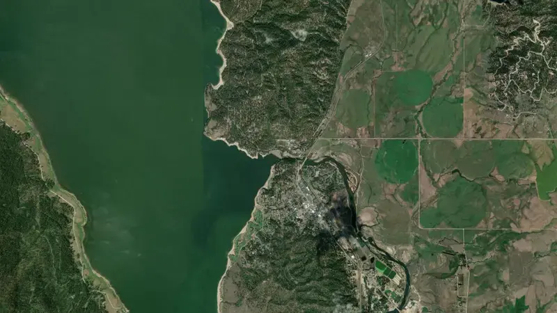 Satellite view of Lake Cascade and Cascade Dam reservoir, Idaho, United States