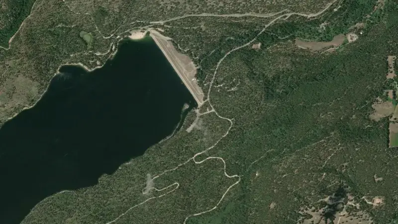 Satellite view of Lake Como and Como Dam reservoir, Montana, United States