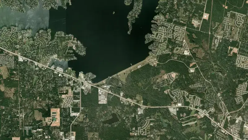 Satellite view of Lake Conroe reservoir, Texas, United States