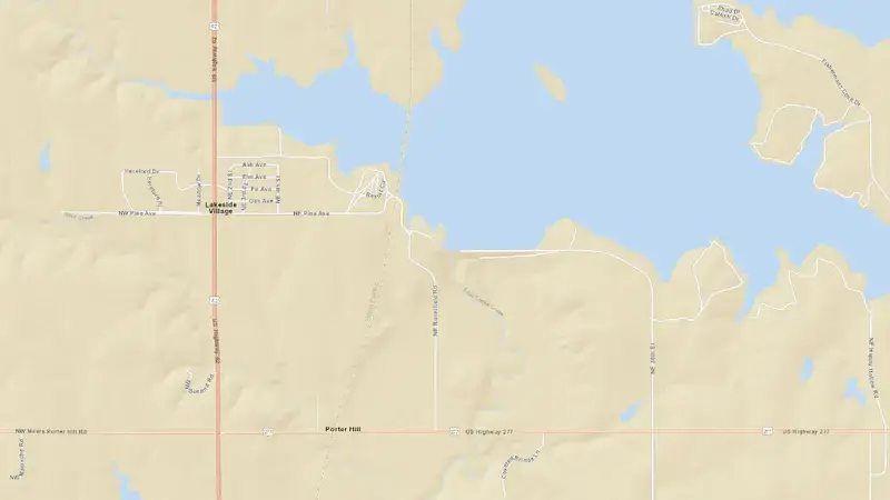Road map of Lake Ellsworth reservoir, Oklahoma, United States