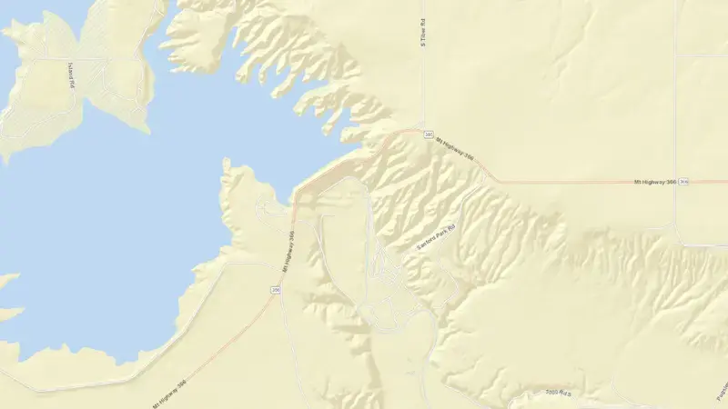 Road map of Lake Elwell and Tiber Dam reservoir, Montana, United States
