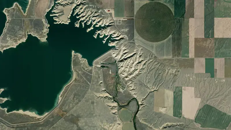 Satellite view of Lake Elwell and Tiber Dam reservoir, Montana, United States