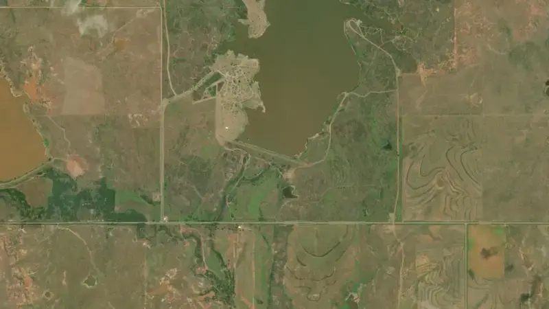 Satellite view of Lake Frederick reservoir, Oklahoma, United States