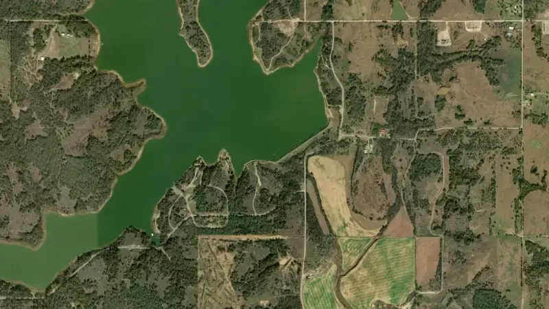 Satellite view of Lake Fuqua reservoir, Oklahoma, United States