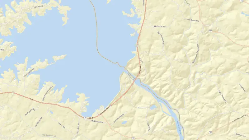 Road map of Lake Hartwell reservoir, Georgia, United States