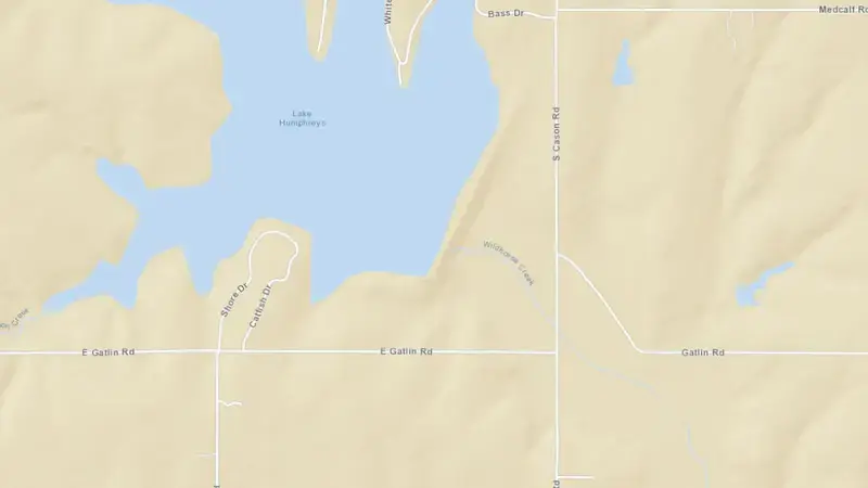 Road map of Lake Humphreys reservoir, Oklahoma, United States
