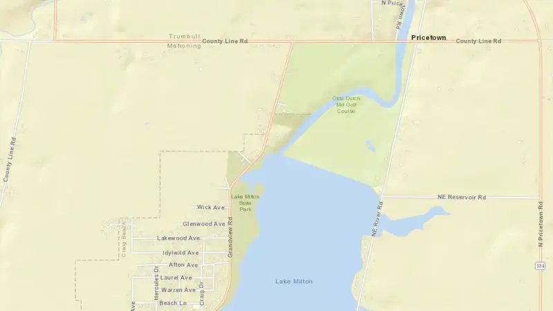 Road map of Lake Milton, OH reservoir, Ohio, United States