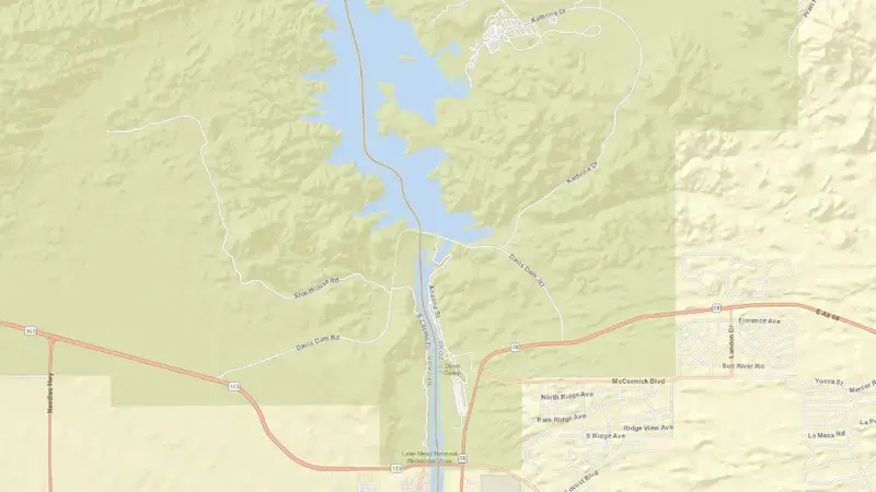 Road map of Lake Mohave Davis Dam and Powerplant reservoir, Arizona, United States