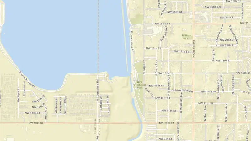Road map of Lake Overholser reservoir, Oklahoma, United States