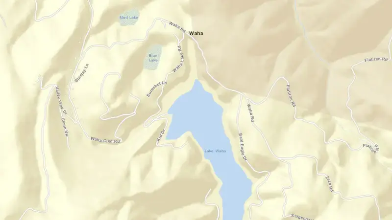 Road map of Lake Waha reservoir, Idaho, United States