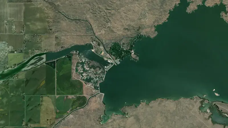 Satellite view of Lake Walcott, Minidoka Dam, and Minidoka Powerplant reservoir, Idaho, United States