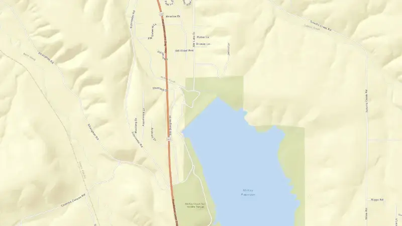 Road map of McKay Reservoir and Dam reservoir, Oregon, United States