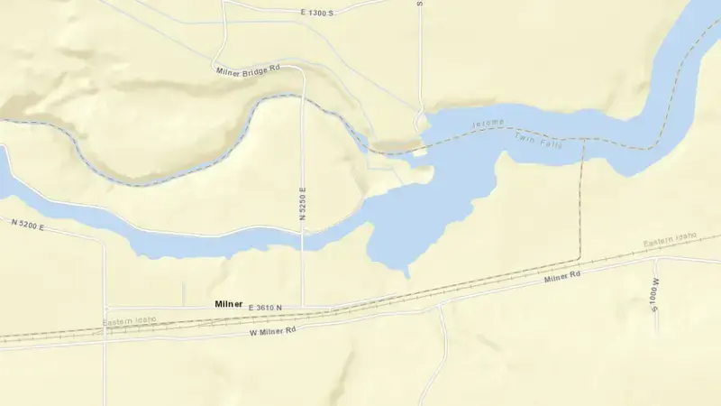 Road map of Milner Lake and Dam reservoir, Idaho, United States