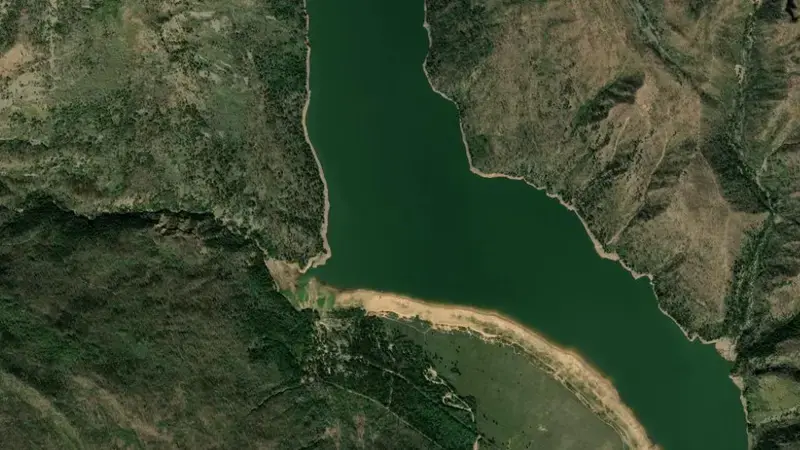Satellite view of Moon Lake Reservoir and Dam reservoir, Utah, United States