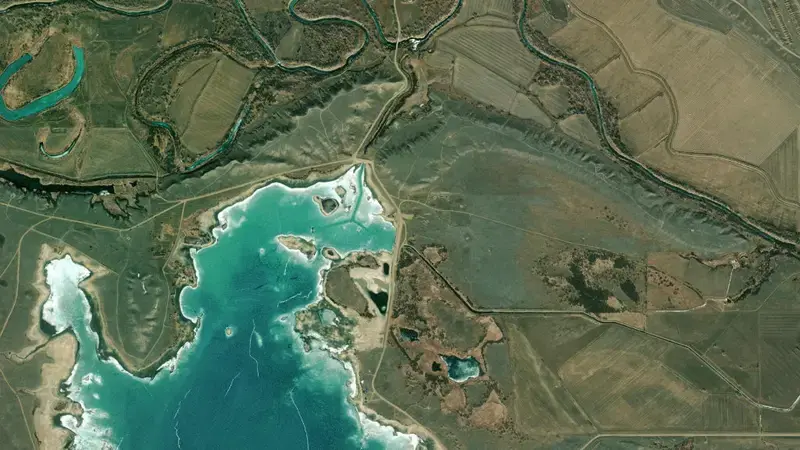 Satellite view of Nelson Reservoir reservoir, Montana, United States