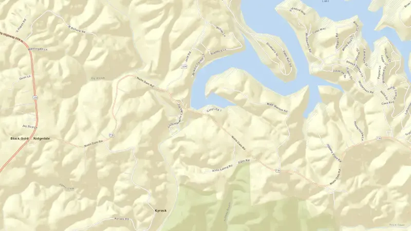 Road map of Nolin Lake reservoir, Kentucky, United States