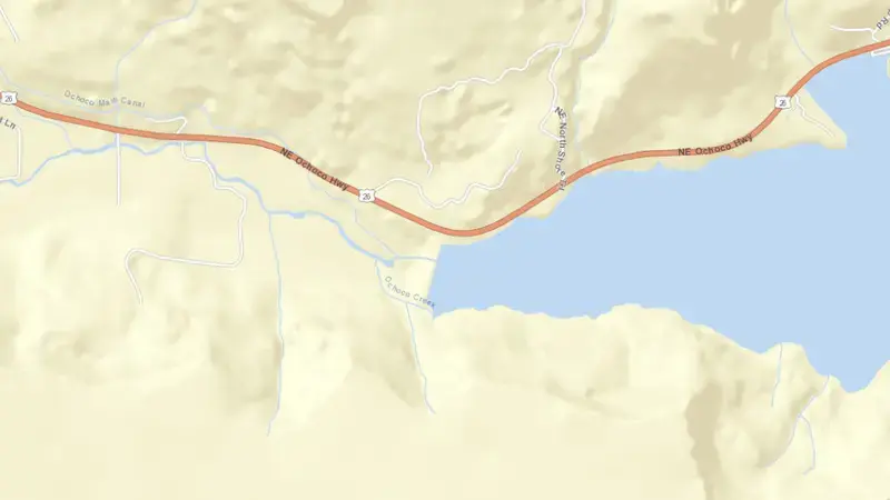 Road map of Ochoco Reservoir and Dam reservoir, Oregon, United States
