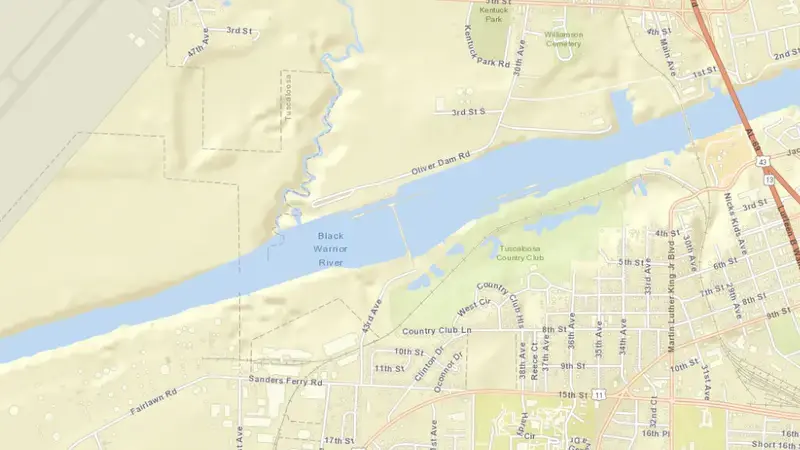 Road map of Oliver Lock and Dam reservoir, Alabama, United States
