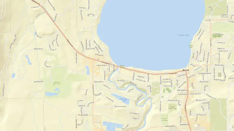 Road map of Payette Lake and Payette Lake Dam reservoir, Idaho, United States