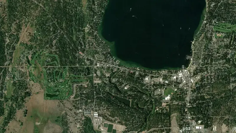 Satellite view of Payette Lake and Payette Lake Dam reservoir, Idaho, United States