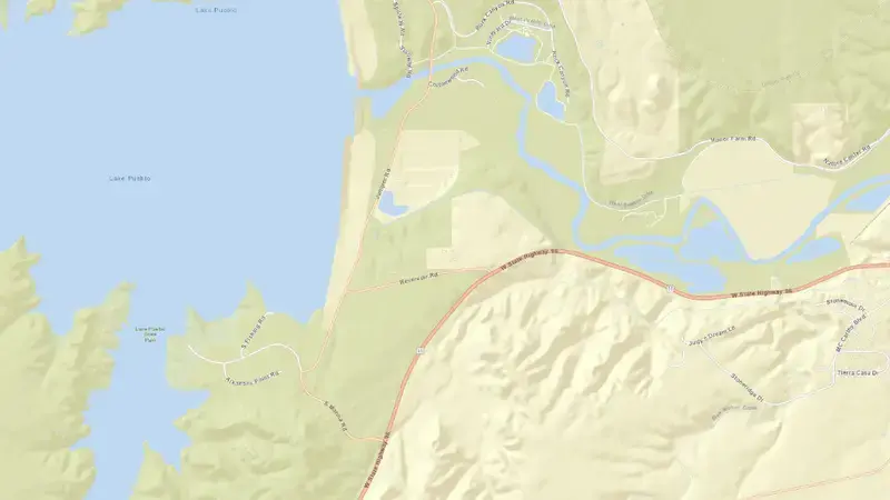 Road map of Pueblo Reservoir and Dam reservoir, Colorado, United States