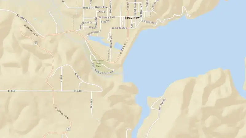 Road map of Spavinaw Lake reservoir, Oklahoma, United States