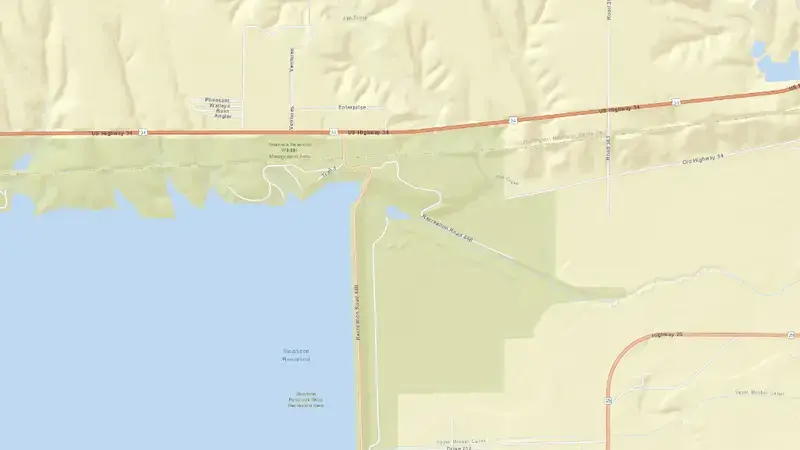 Road map of Swanson Lake and Trenton Dam reservoir, Nebraska, United States