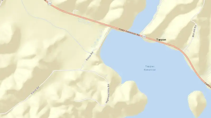 Road map of Tappan Lake reservoir, Ohio, United States