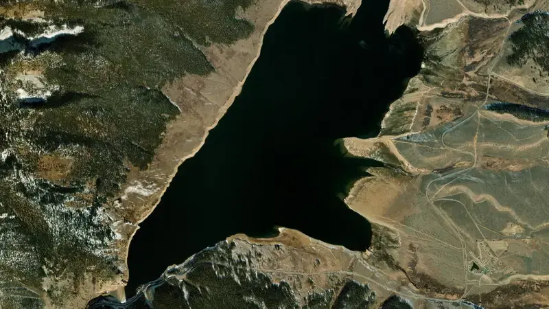 Satellite view of Taylor Park Reservoir and Dam reservoir, Colorado, United States