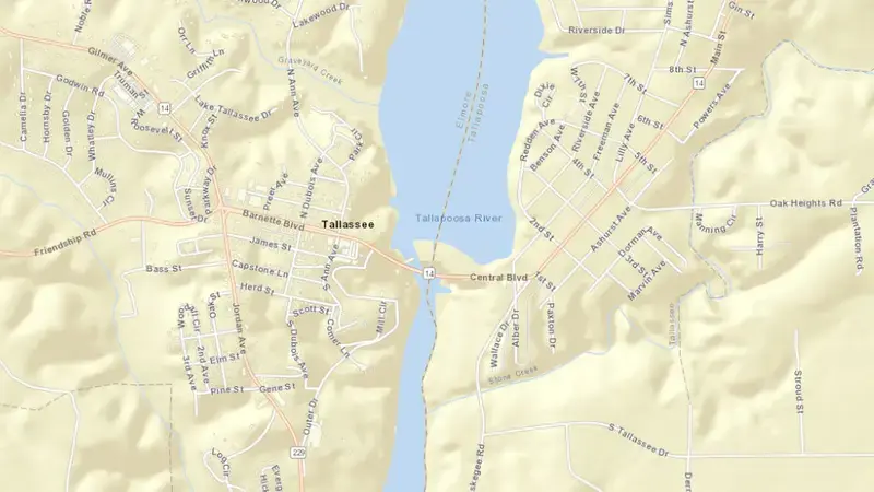 Road map of Thurlow Dam reservoir, Alabama, United States