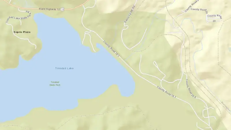 Road map of Trinidad Lake reservoir, Colorado, United States