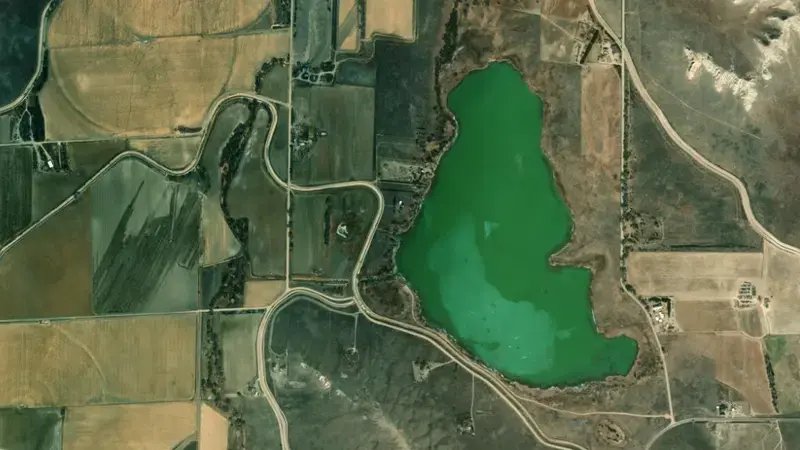 Satellite view of Winters Creek Lake reservoir, Nebraska, United States